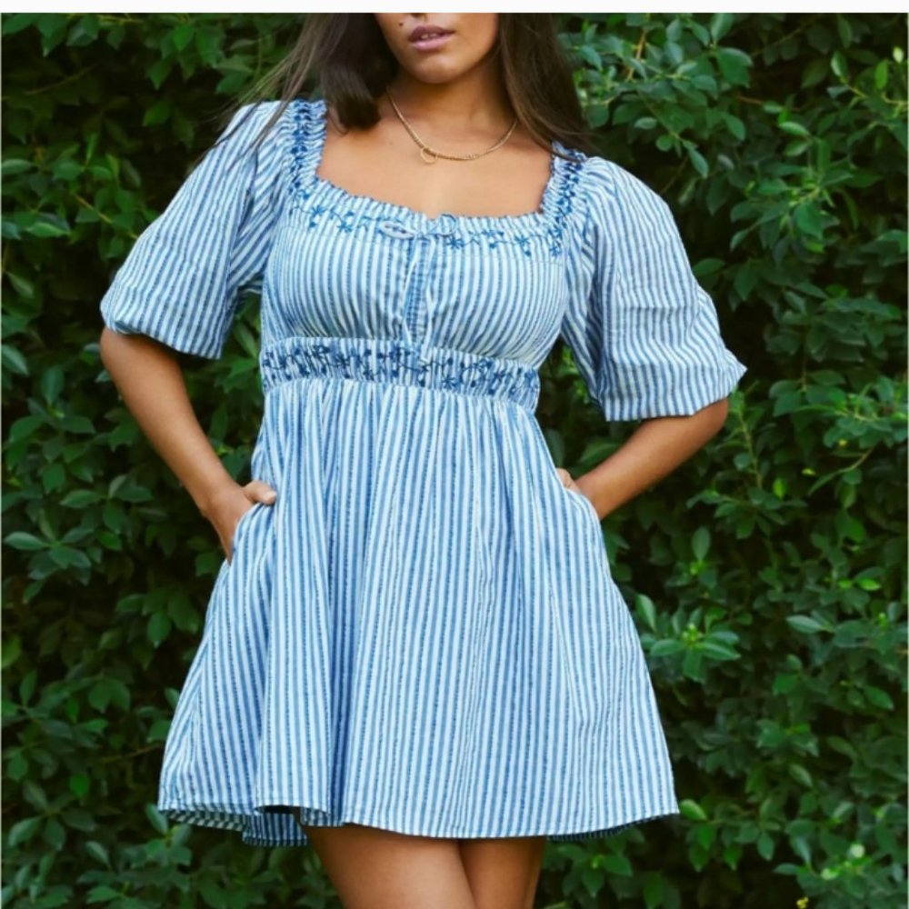 American Eagle Striped Puff Sleeve Embroidered Mini Dress